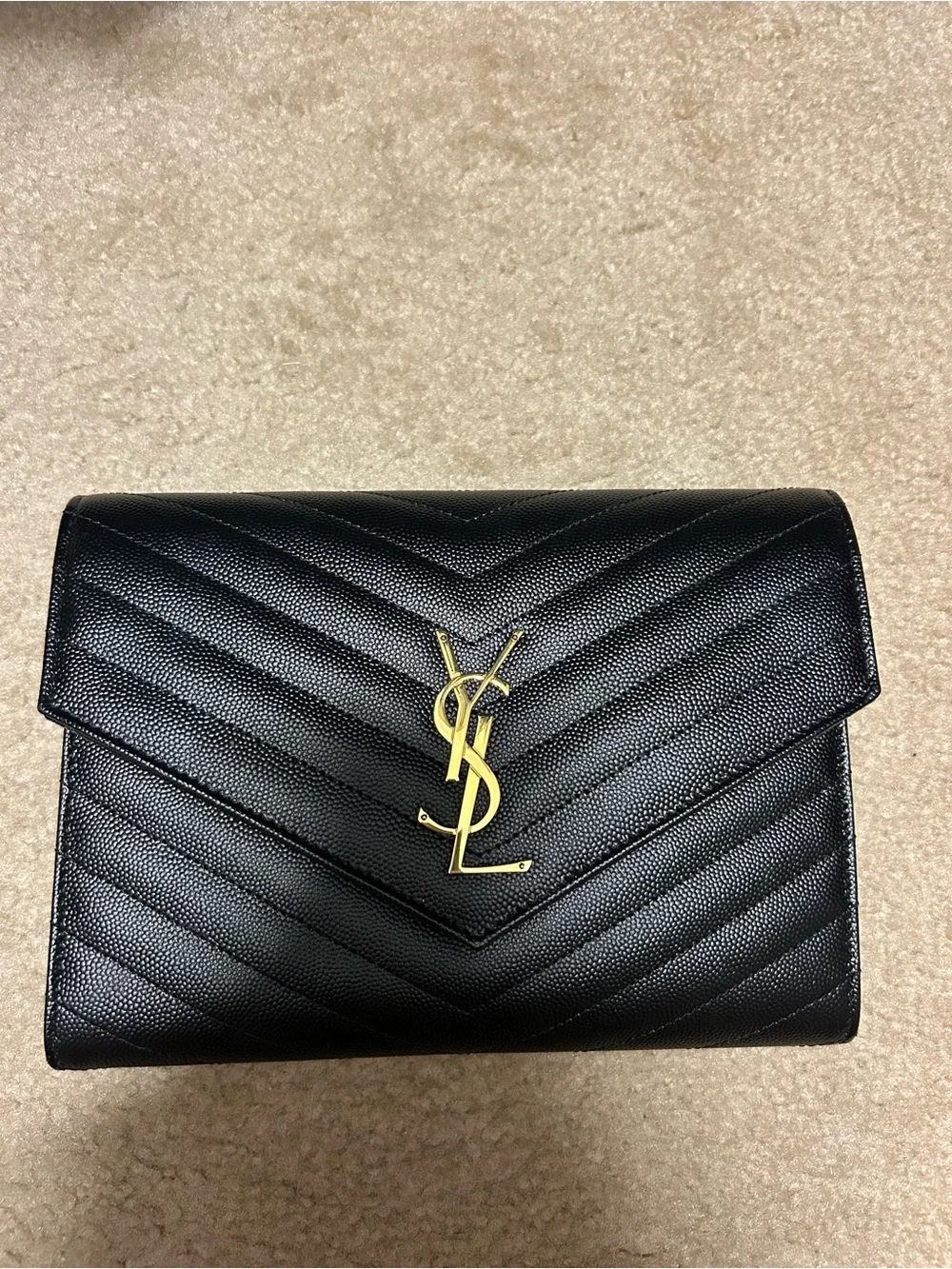Saint Laurent Black Quilted Leather Envelope Clutch with Gold YSL Logo